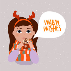 Warm Wishes greeting card with cute girl in scarf with cacao mug. Merry Christmas and New Year card. Editable Vector Illustration.