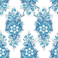 Seamless pattern or texture with decorative flowers in blue white for wallpaper or textile or decoration package or for hygiene products or for fashion or decoupage or drapery