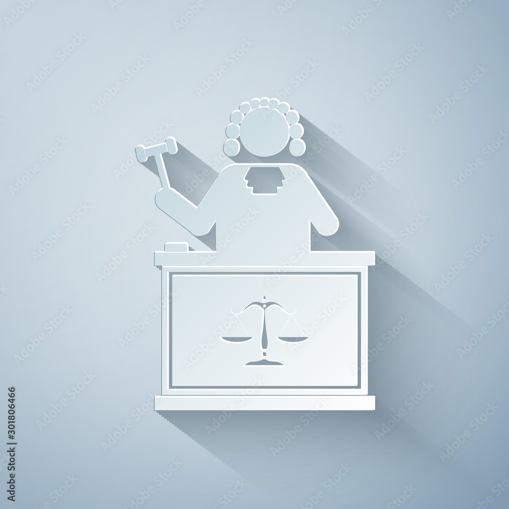 Poster paper cut judge with gavel on table icon isolated on grey background. paper art style. vector illust