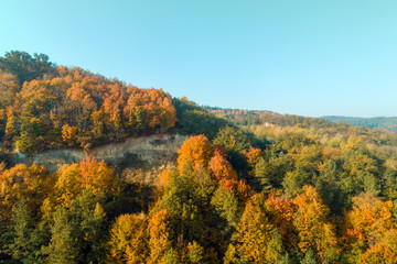 Mountain autumn landscape. Top view of a colorful forest on the mountain