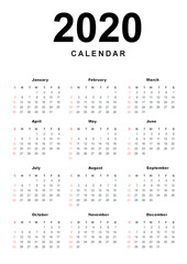 2020 year calendar in English. Simple and clean design, in black and white with Sundays in red.calendar-2020