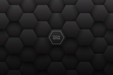 Tech 3D Vector Hexagonal Structure Pattern Black Abstract Background. Science Technology Three Dimensional Hex Blocks Conceptual Dark Gray Wallpaper. Clear Blank Subtle Textured Backdrop
