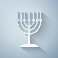 Paper cut Hanukkah menorah icon isolated on grey background. Religion icon. Hanukkah traditional symbol. Holiday religion, jewish festival of Lights. Paper art style. Vector Illustration