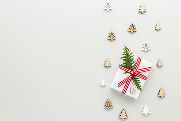 Christmas composition. Gift fir christmas tree top view background with copy space for your text. Flat lay.