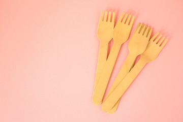 cutlery wooden, craft paper (eco friendly forks, plates, biodegradable materials) food containers eco packaging, concept. food background. copy space