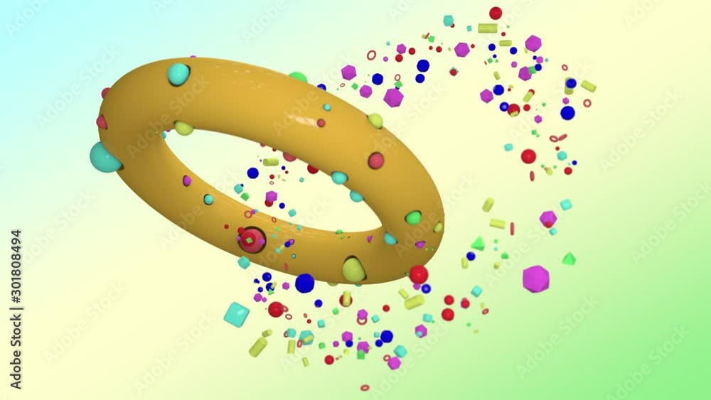 Poster 3d animation of a large ring with balls on the surface and many small geometric shapes flying on a c