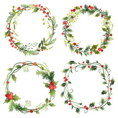 Set of decorative Christmas wreaths with mistletoe leaves, fir branches and holly berries. Vector illustration.