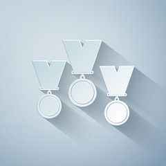 Paper cut Medal set icon isolated on grey background. Winner simbol. Paper art style. Vector Illustration