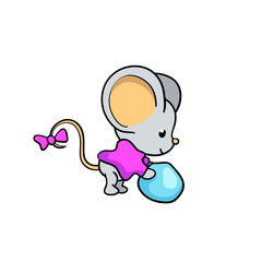 Little mouse make snowball. Mouse character building snowman. Cute rat vector illustration on white background