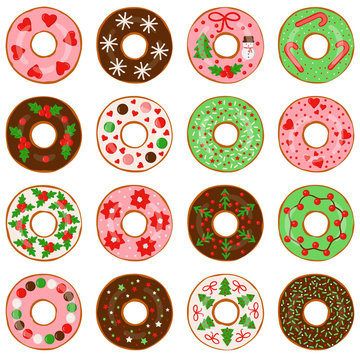 Set of christmas donuts isolated on white background, vector