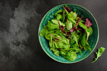 Healthy salad, leaves mix salad (mix micro greens, cucumber, tomato, onion, other ingredients). food background. copy space