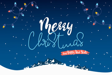 Fototapeta na wymiar Merry Christmas, New Year Typographical on Xmas background with winter night landscape, snowflakes, light, Mountains, garland, lettering. Vector card.