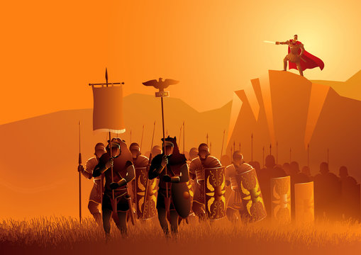 Rome legionaries march in the grass field