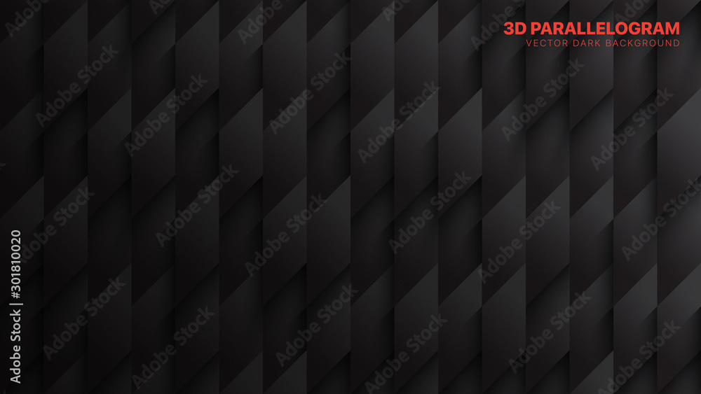 Poster 3d vector parallelogram blocks conceptual tech dark gray abstract background. science technology thr
