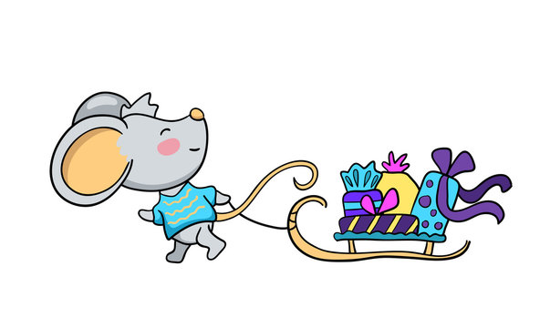 Cute character mouse with presents in sleight. Funny rat vector illustration on white background. Christmas gift delivery