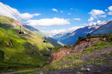 cable car in the summer in the mountains, a funicular. Scenery.