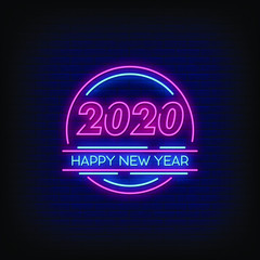 Happy New Year 2020 Neon Signs Style Text Vector