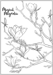 Magnolia tree branch with flowers. Coloring page for the adult coloring book. Outline hand drawing vector illustration..