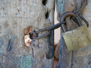 locked door with an old chain lock