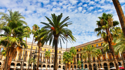 Generic view of the old Plaça Reial town square or plaza showing the traditional architecture of...
