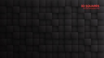 3D Vector Squares Dark Gray Abstract Background. Darkness Three Dimensional Science Technologic Tetragonal Blocks Structure Conceptual Art Illustration. Black Friday Sale Blank Tech Backdrop