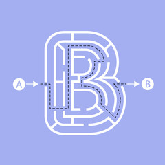 Letter shape Maze Labyrinth, maze with one way to entrance and one way to exit. Flat design, vector illustration.