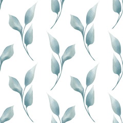 Green leaves and branches seamless pattern on white. Watercolor illustration