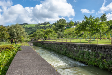 Landscape of Furnas Park with a scenic view of a river, São Miguel Island, Azores, Portugal