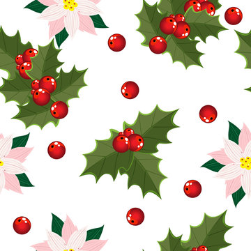 Seamless pattern of bright and delicate poinsettia and Holly leaves and red mistletoe berries. Vector illustration