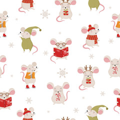 Vector seamless pattern with hand drawing cute winter rats in cozy clothes. Creative background with funny mice for New 2020 Year.