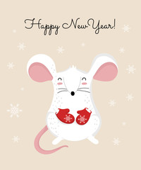 Vector poster with hand drawing cute winter rat in cozy clothes. Creative banner with funny mouse for New 2020 Year.
