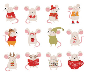 Vector collection with hand drawing cute winter rats in cozy clothes. Creative banner with funny mouse for New 2020 Year.