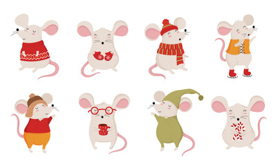 Obraz premium Vector collection with hand drawing cute winter rats in cozy clothes. Creative banner with funny mouse for New 2020 Year.