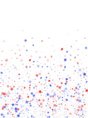 Flying red blue white star sparkles on white vector american patriotic background.