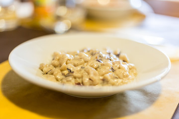 alpine gnocchi with radicchio and gorgonzola, gnocchi di malga, gnochi sbatùi, typical dish in the refuge of Lessinia natural park