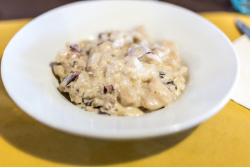 alpine gnocchi with radicchio and gorgonzola, gnocchi di malga, gnochi sbatùi, typical dish in the refuge of Lessinia natural park