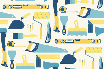 Seamless pattern of tools for the repair of buildings on a light coloured background. Vector.