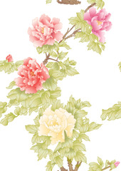 Peony tree branch with flowers in the style of Chinese painting on silk Seamless pattern, background. Colored vector illustration. 