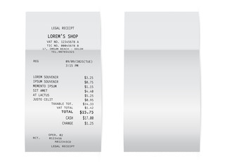Template of a check from a shop or supermarket or restaurant. White cashier receipt.