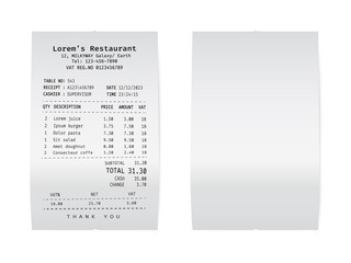 Paper check from shop. Template of a rolled supermarket receipt.