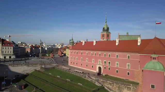 Aerial footage of The Royal Castle in Warsaw on a sunny day 