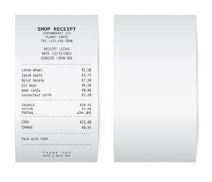 Template of a white paper receipt. Blank check from a shop, supermarket or restaurant.