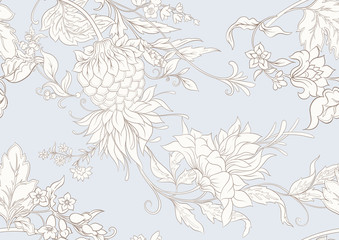Fantasy flowers in retro, vintage, jacobean embroidery style. Seamless pattern, background. Outline hand drawing vector illustration. In vintage blue and beige colors.