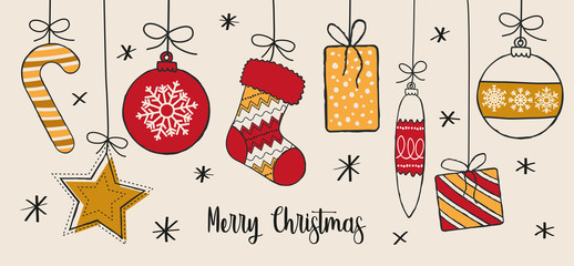 Set of hand drawn christmas decoration isolated elements. Doodles and sketches vector illustration 
