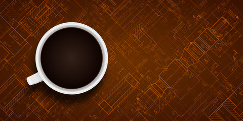  Technical Drawing background.Technology concept with coffee mug .Coffee Background Vector.