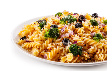 Fusilli pasta with bacon and broccoli on white background