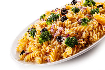 Fusilli pasta with bacon and broccoli on white background