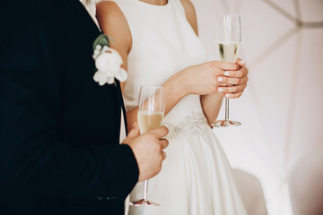 Stylish wedding couple holding champagne glasses and toasting at wedding reception in restaurant,...