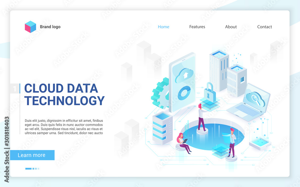 Aufkleber Cloud data technology soft light landing page isometric vector template. People programers serve equipment. Database storage, data encryption and protection. Cloud computing website homepage.