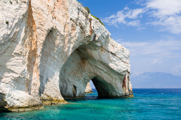 Interesting landmark, unique rock formations, sea caves and blue water in Zakynthos, Greece.